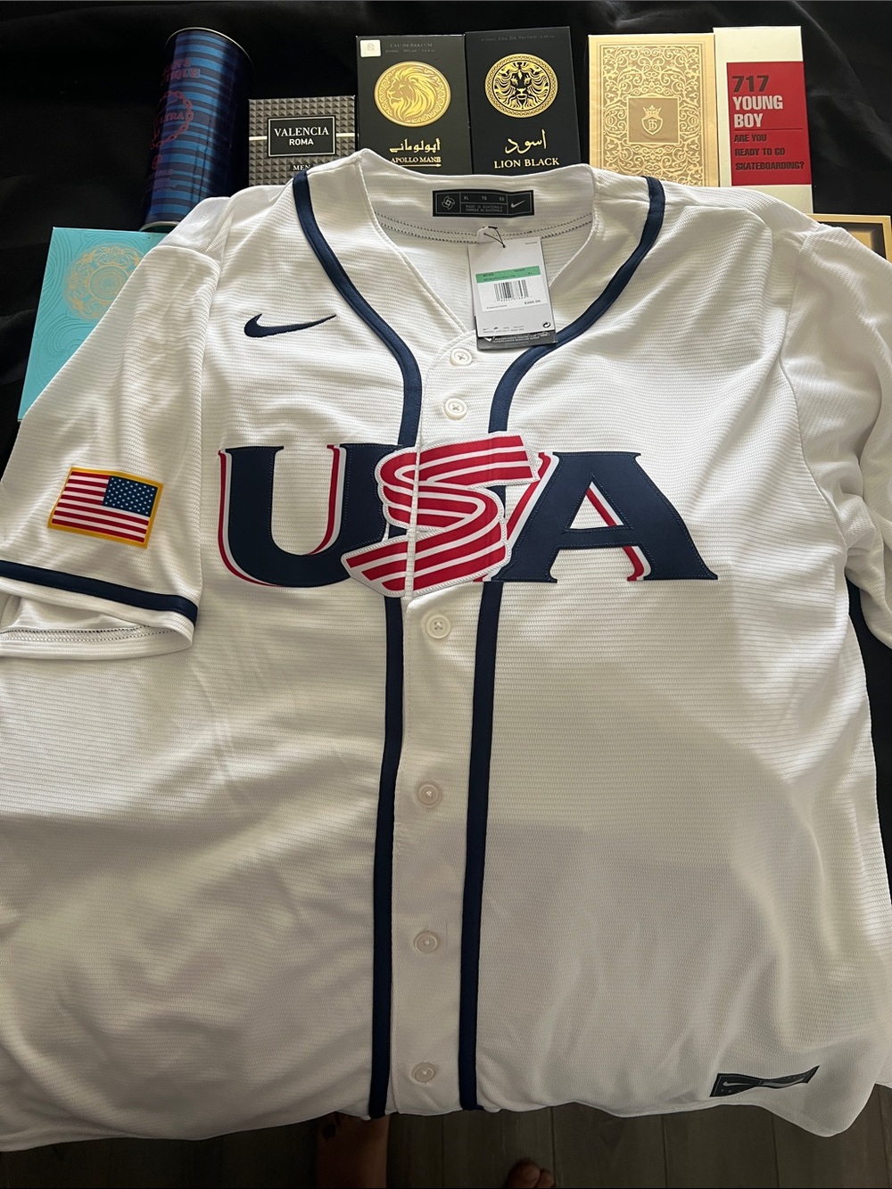 Nike White Baseball Jersey with Navy & Red USA Logo Judge 99